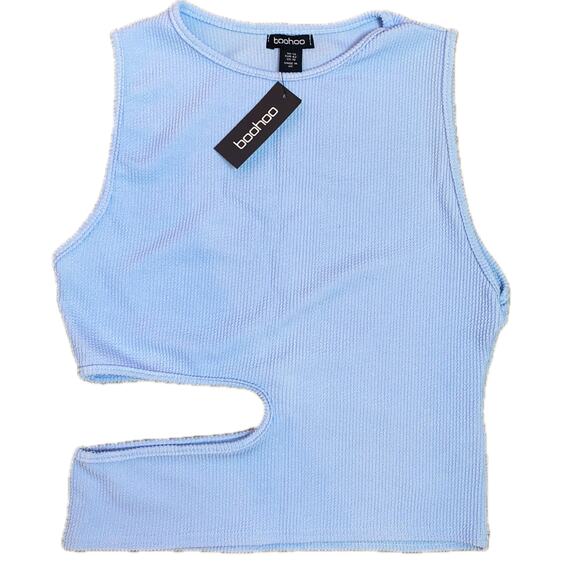 New Large Ribbed Cut Out Waist High Neck Tank Sleeveless Crop Top Baby Blue‎ Y2k - Picture 3 of 5